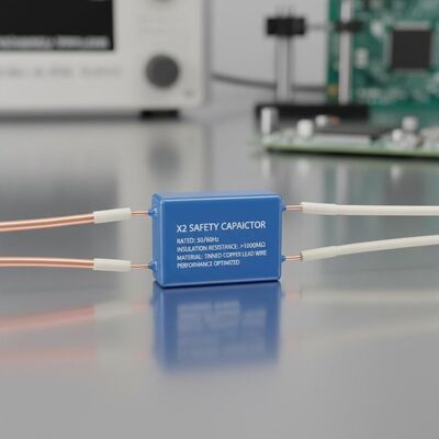 प्रदर्शन के लिए इन्सुलेशन प्रतिरोध 000MΩ की विशेषता वाले टिन-प्लेटेड कॉपर लीड वायर मटेरियल X2 सुरक्षा कैपेसिटर रेटेड फ्रीक्वेंसी 50 60Hz