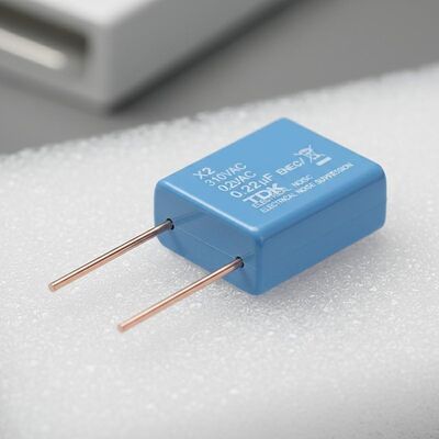 छेद के माध्यम से X2 सुरक्षा संधारित्र 310VAC रेटेड वोल्टेज सीसा तार सामग्री डिब्बाबंद तांबा विद्युत शोर दमन के लिए डिज़ाइन किया गया